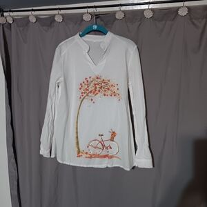 Women's White Long Sleeve Tunic with Bicycle Print